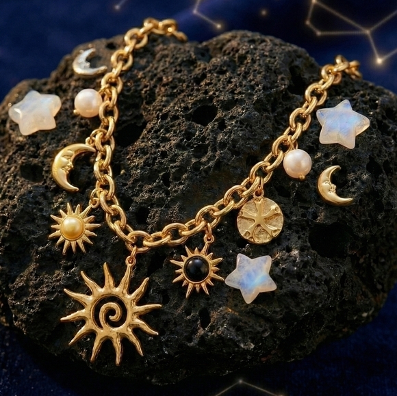 Boho Celestial 18K Gold Plated Sun Moon Charm Necklace 316L Stainless Steel - Picture 5 of 12